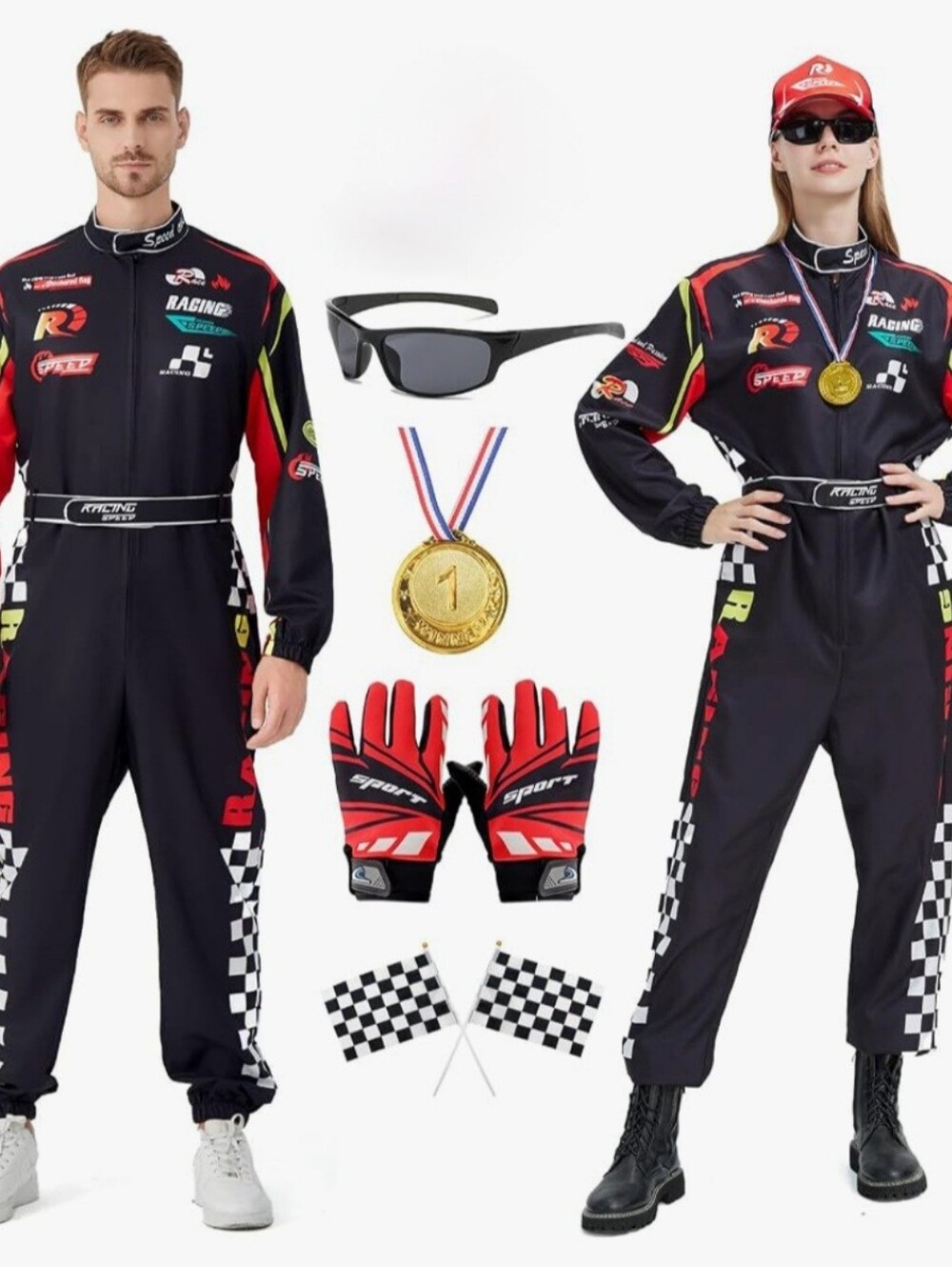 Race Car Driver Costume for Adults Race Jumpsuit Sunglasses, Pockets Size L